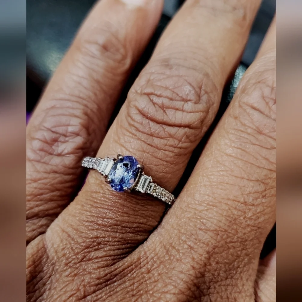 Genuine Tanzanite & Zircon Solitaire ring in Platinum Plated Sterling Silver